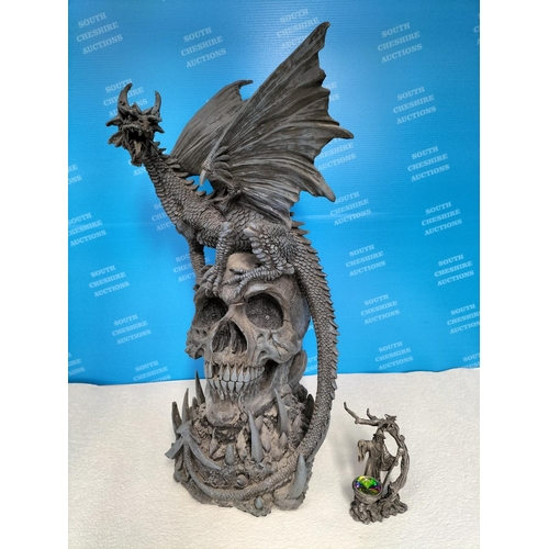 497 - Large 44cm Resin Figure 'Black Dragon on Skull' plus Leonardo Collection Legends and Dreams Wizard F... 