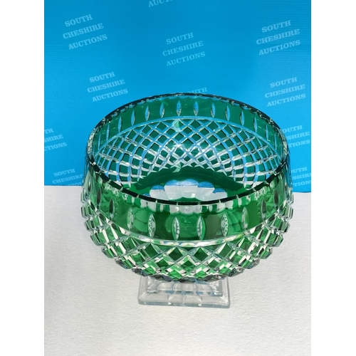 7 - Large Mid Century Emerald Green and Clear Bohemian Cut Glass Pedestal Bowl in an Art Deco Style. 24%... 