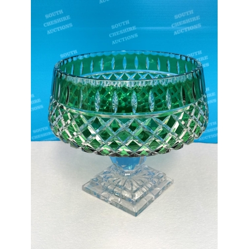 7 - Large Mid Century Emerald Green and Clear Bohemian Cut Glass Pedestal Bowl in an Art Deco Style. 24%... 