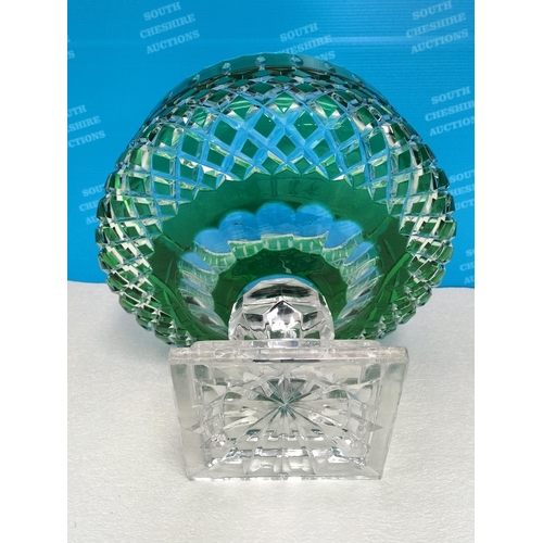 7 - Large Mid Century Emerald Green and Clear Bohemian Cut Glass Pedestal Bowl in an Art Deco Style. 24%... 