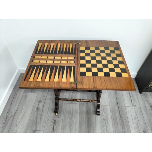 9 - 19th Century Rosewood Games Table with Flip and Turn Action. Plus a Set of Chess Pieces. 74cm High, ... 