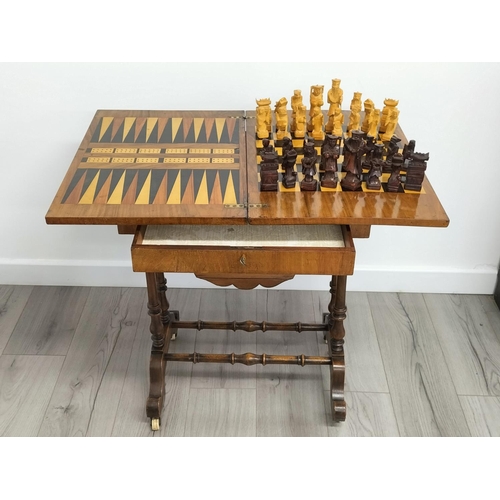9 - 19th Century Rosewood Games Table with Flip and Turn Action. Plus a Set of Chess Pieces. 74cm High, ... 
