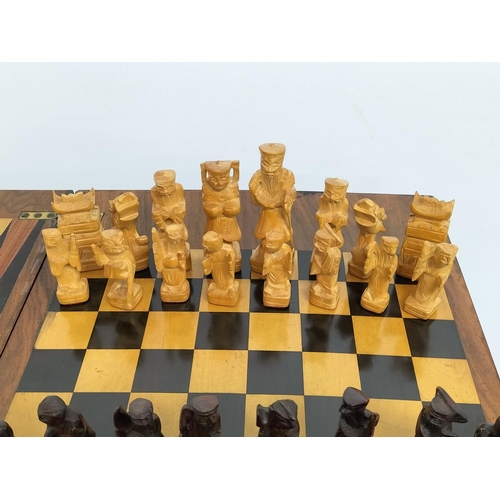 9 - 19th Century Rosewood Games Table with Flip and Turn Action. Plus a Set of Chess Pieces. 74cm High, ... 
