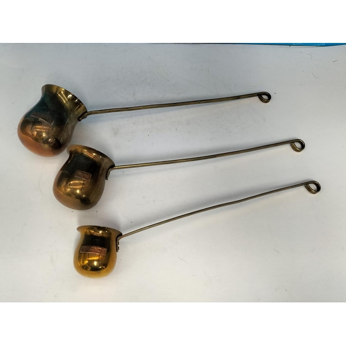 354 - Brass Ladles (3), Whisky, Rum and Brandy.