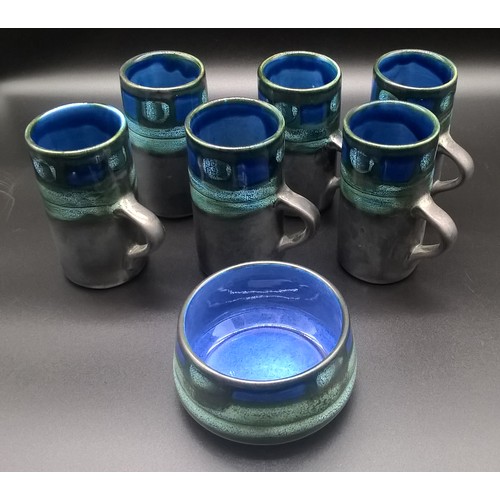 3 - 6 Newlyn Pottery Celtic blue mugs & bowl