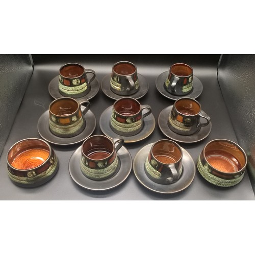 5 - 8 Newlyn Pottery Celtic brown cups, saucers & bowls.