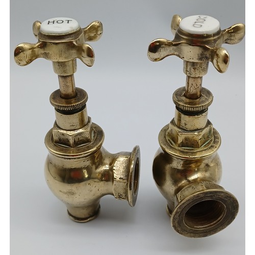 3 - ARCHITECTURAL - PAIR VICTORIAN B. BUXTON, NEWCASTLE BRASS TAPS. PORCELAIN HOT AND COLD IN WORKING OR... 