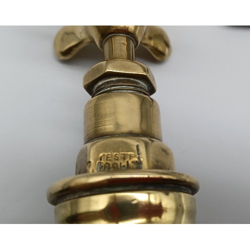 4 - ARCHITECTURAL - PAIR VICTORIAN BRASS TAPS. PORCELAIN HOT AND COLD IN WORKING ORDER  14CM TALL