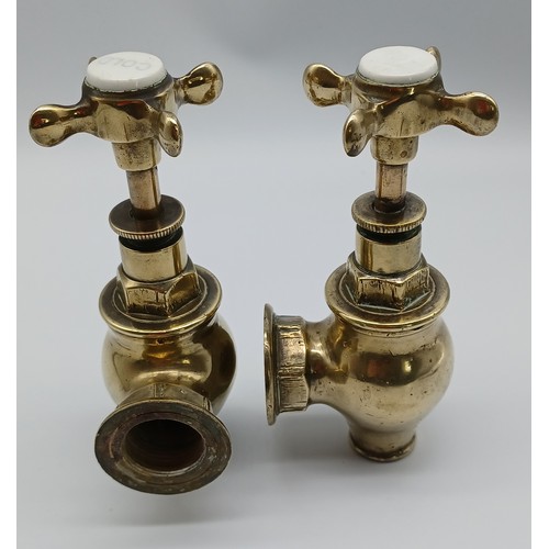 6 - ARCHITECTURAL - PAIR VICTORIAN BUXTON  BRASS TAPS. PORCELAIN HOT AND COLD IN WORKING ORDER  16CM TAL... 