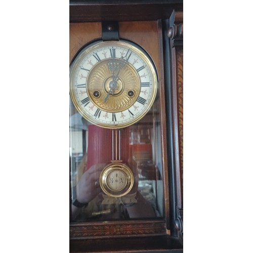9 - C.1900'S FRUITWOOD INLAID CASE VIENNA WALL CLOCK 8 DAY  65CM TALL in working order