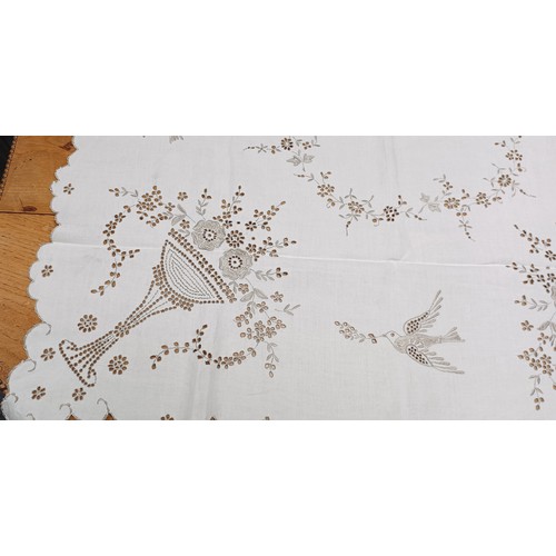 52 - 1920'S Textiles - hand embroided linen table cloths, English country garden flowers and birds with f... 