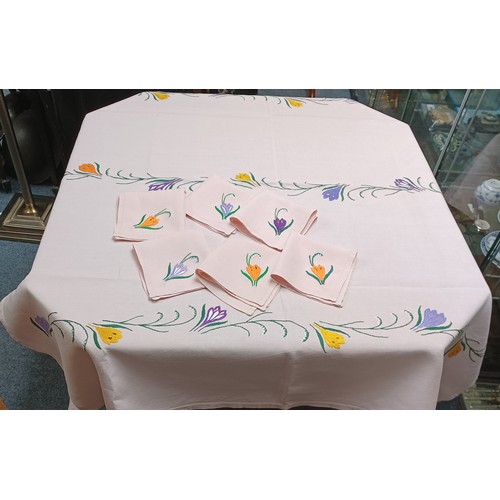 56 - 1960's Textiles - hand embroided linen pink table cloth, English crocus flowers 48