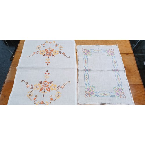 57 - Victorian  Textiles - Two hand embroided crossed stitch linen tray cloths, largest 22