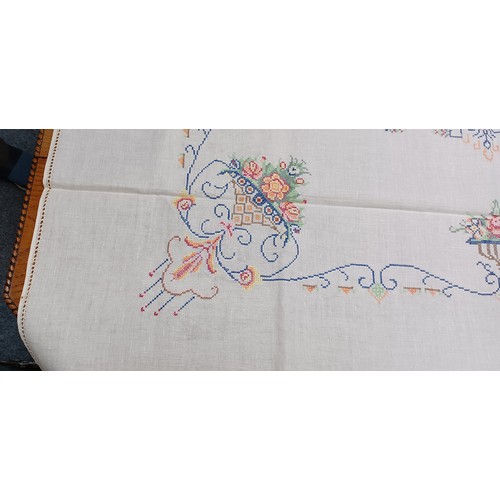 54 - 1850's Textiles - hand embroided crossed stitch linen floral table cloths, 48