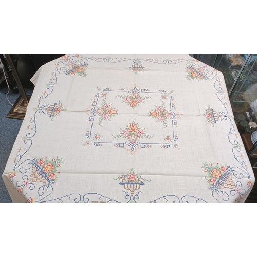 54 - 1850's Textiles - hand embroided crossed stitch linen floral table cloths, 48