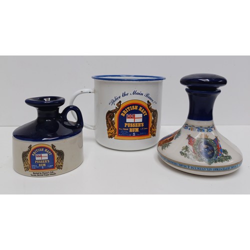 ROYAL NAVY PUSSERS RUM DECANTER, FLAGON & TIN CUP