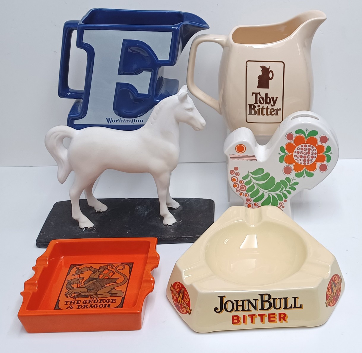 BREWERIANA 2 JUGS A TOBY BITTER AND WORTHINGTON, WHITE HORSE, MONEY