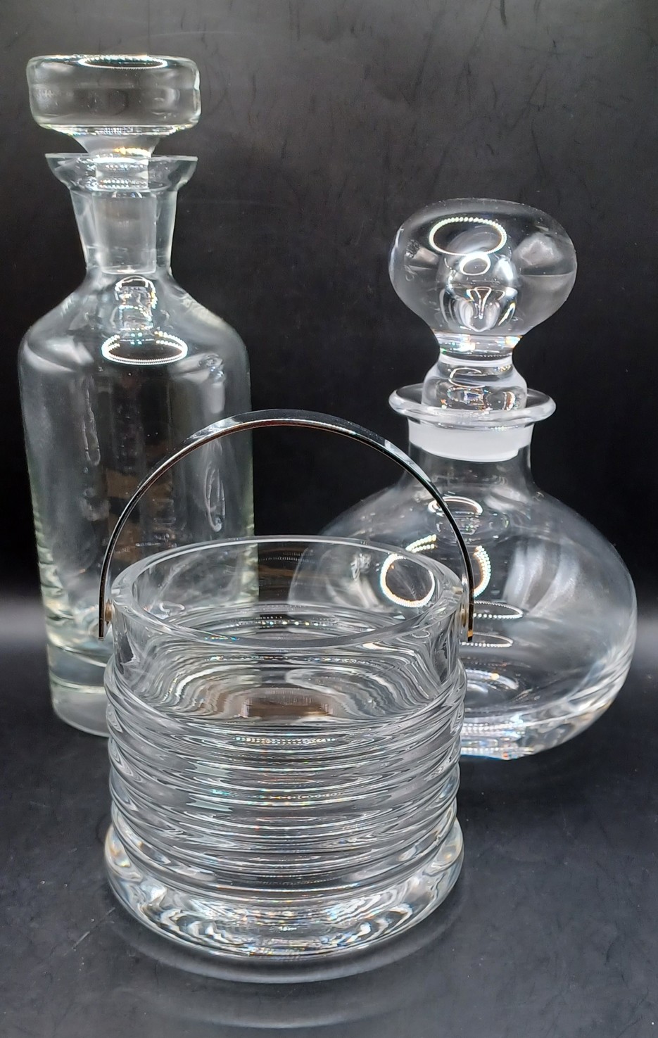 DARTINGTON GLASS TWO DECANTERS & AN ICE BUCKET