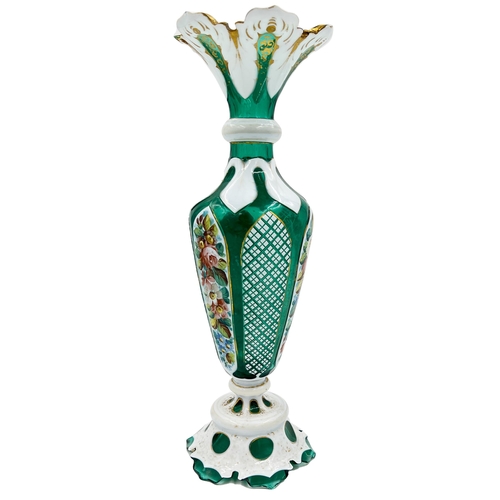 1 - GREEN AND WHITE BOHEMIAN FLASHED GLASS VASE, 19TH CENTURYA fine hand painted vase crafted for the Pe... 