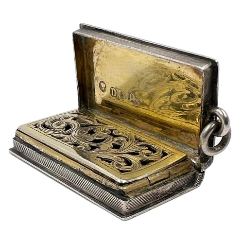 108 - A SILVER VINAIGRETTE OF BOOK FORM WITH ENGINE TURNED DECORATION, BIRMINGHAM,DAVID PETTIFER,1848-1864... 