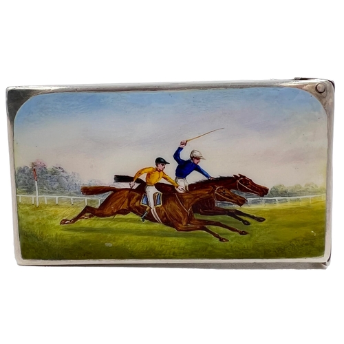 119 - A SILVER AND ENAMEL VESTA CASE DEPICTING TWO RACEHORSES IN FULL SPRINT, LONODN, GEORGE HEATH, 1884A ... 