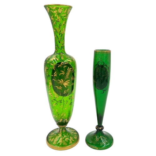 13 - TWO BOHEMIAN GLASS VASES WITH HAND PAINTED OVAL PLAQUES, 19TH CENTURYA duo of green Bohemian glass v... 