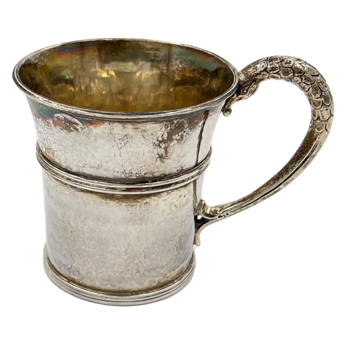 166 - AN UNUSUAL SILVER CHRISTENING MUG OF TAPERING FORM WITH A SNAKE FORMED HANDLE, CIRCA 1950An unusual ... 