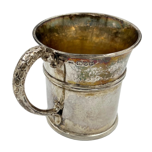 166 - AN UNUSUAL SILVER CHRISTENING MUG OF TAPERING FORM WITH A SNAKE FORMED HANDLE, CIRCA 1950An unusual ... 