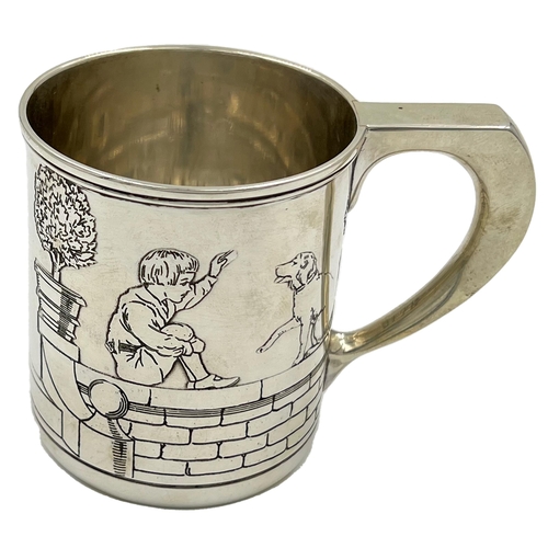 171 - AN UNUSUAL TIFFANY AND CO SILVER CHRISTENING MUG WITH AN ENGRAVED SCENE, EARLY 20TH CENTURYAn unusua... 