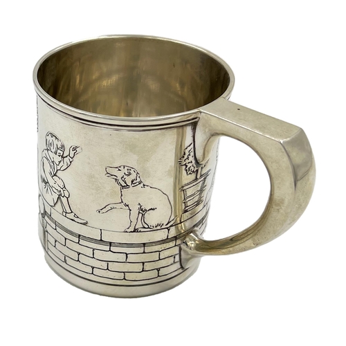 171 - AN UNUSUAL TIFFANY AND CO SILVER CHRISTENING MUG WITH AN ENGRAVED SCENE, EARLY 20TH CENTURYAn unusua... 