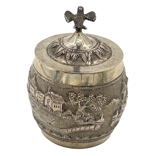 182 - AN UNUSUAL SMALL SILVER LIDDED CONTAINER, POSSIBLY BURMESE, CIRCA 1900An unusual small silver lidded... 