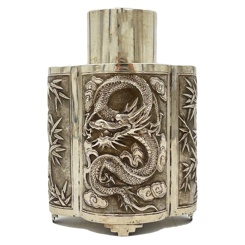 184 - A CHINESE SILVER TEA CADDY WITH BAMBOO AND OTHER TYPICAL ORIENTAL DECORATION, WANG HING, CIRCA 1900A... 