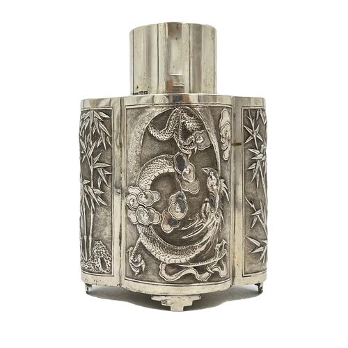 184 - A CHINESE SILVER TEA CADDY WITH BAMBOO AND OTHER TYPICAL ORIENTAL DECORATION, WANG HING, CIRCA 1900A... 