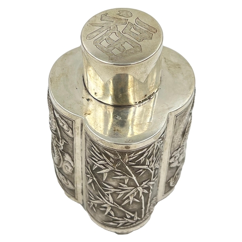 184 - A CHINESE SILVER TEA CADDY WITH BAMBOO AND OTHER TYPICAL ORIENTAL DECORATION, WANG HING, CIRCA 1900A... 