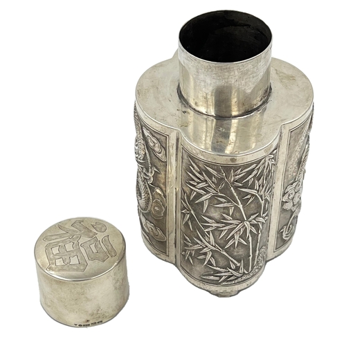 184 - A CHINESE SILVER TEA CADDY WITH BAMBOO AND OTHER TYPICAL ORIENTAL DECORATION, WANG HING, CIRCA 1900A... 