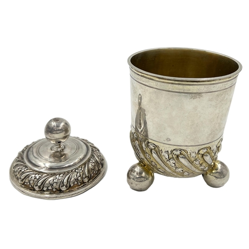 185 - A RARE AND EARLY AUGSBURG SILVER TEA CADDY STANDING ON THREE LARGE PEG FEET, 1850A rare and early Au... 