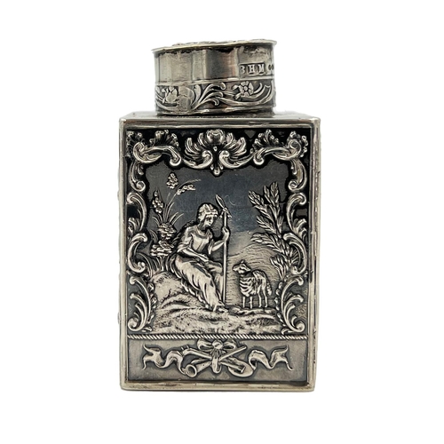 188 - A SMALL SILVER LIDDED TEA CADDY EMBOSSED WITH RURAL SCENES BY BERTHOLD MULLER, 1912A small silver li... 