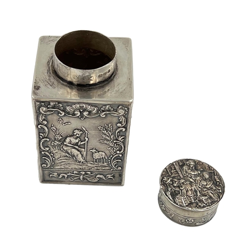 188 - A SMALL SILVER LIDDED TEA CADDY EMBOSSED WITH RURAL SCENES BY BERTHOLD MULLER, 1912A small silver li... 