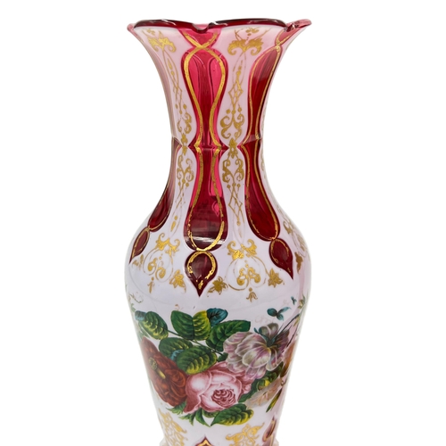 2 - TWO BOHEMIAN GLASS VASES WITH GOLD GILDED RED ACCENT, 19TH CENTURYTwo mesmerizing hand painted piece... 