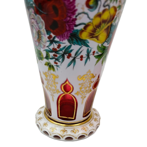 2 - TWO BOHEMIAN GLASS VASES WITH GOLD GILDED RED ACCENT, 19TH CENTURYTwo mesmerizing hand painted piece... 