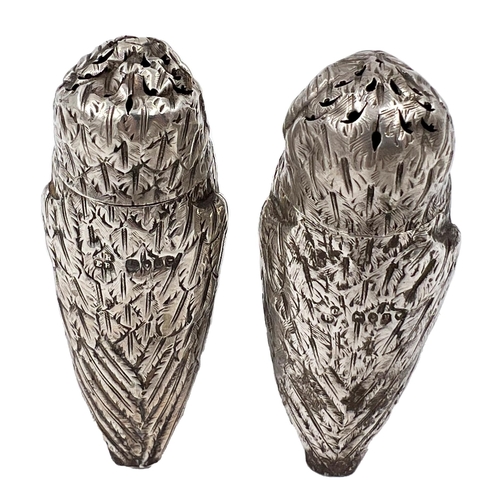 216 - A FINE CASED MATCHED PAIR OF SILVER OWL SALT AND PEPPER POTS, LONDON, 1865/68A good cased pair of si... 