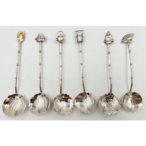 219 - A FINE SIX SILVER TEASPOONS WITH NATURALISTIC, STEMS AND DIFFERING FINIALS WITH COOLIE INDICATIONSA ... 