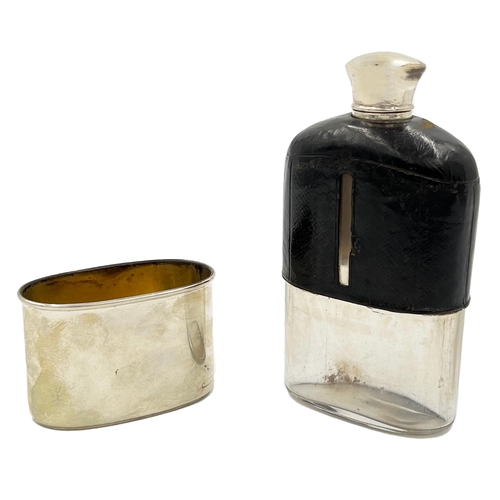 226 - A VICTORIAN SILVER TOPPED AND SILVER AND LEATHER CASED GLASS HIP FLASK, LONDON,THOMAS JOHNSON I,1867... 