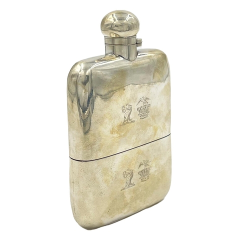 227 - A SILVER CASED GLASS HIP FLASK WITH AN INTERESTING DOUBLE CREST ENGRAVING, LONDON, 1905A silver case... 