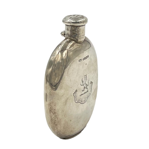 228 - A SILVER HIP FLASK WITH A CREST OF A STANDING LION ON HIND LEGS, BIRMINGHAM, STOKES & IRELAND, 1889A... 