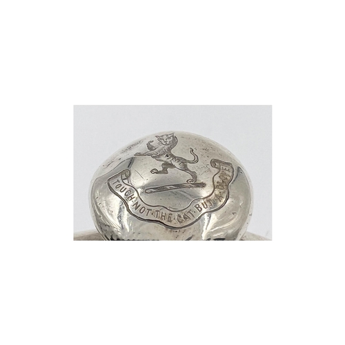 228 - A SILVER HIP FLASK WITH A CREST OF A STANDING LION ON HIND LEGS, BIRMINGHAM, STOKES & IRELAND, 1889A... 