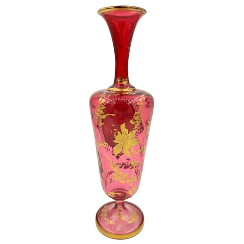 28 - LARGE 19TH CENTURY BOHEMIAN GLASS VASE WITH GOLD GILDING AND HAND PAINTED PORCELAIN PLAQUEA luxuriou... 