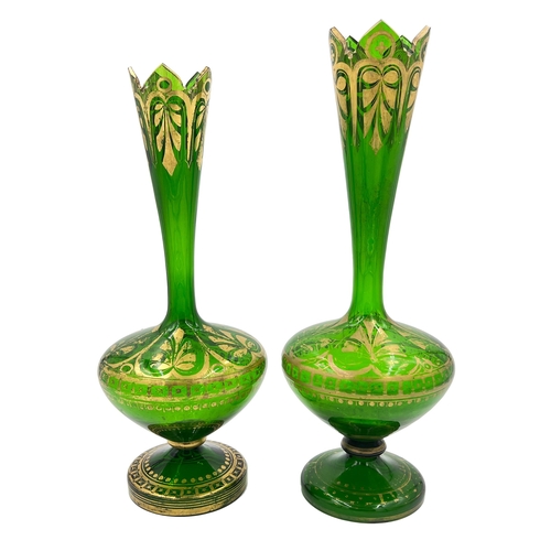 38 - REGAL GREEN AND GOLD – TWO BOHEMIAN GLASS VASESTwo regal green and gold Bohemian glass vases. Height... 