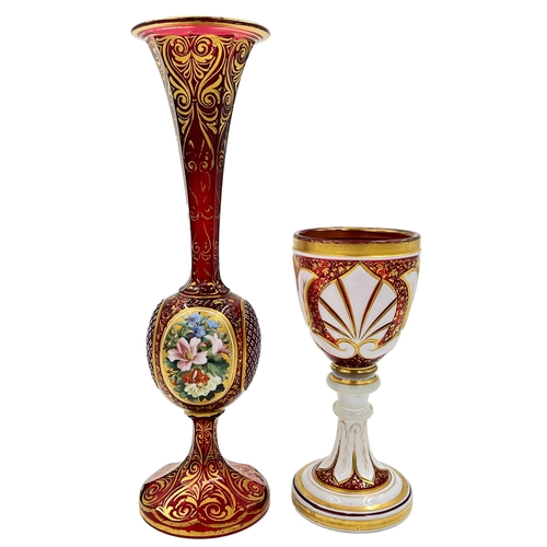 5 - FLORAL RADIANCE – HAND-PAINTED BOHEMIAN RUBY GLASS VASE AND GOBLETS, 19TH CENTURYLate 19th-century r... 