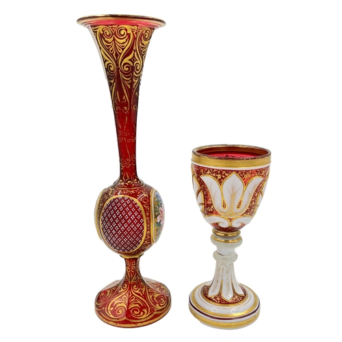 5 - FLORAL RADIANCE – HAND-PAINTED BOHEMIAN RUBY GLASS VASE AND GOBLETS, 19TH CENTURYLate 19th-century r... 